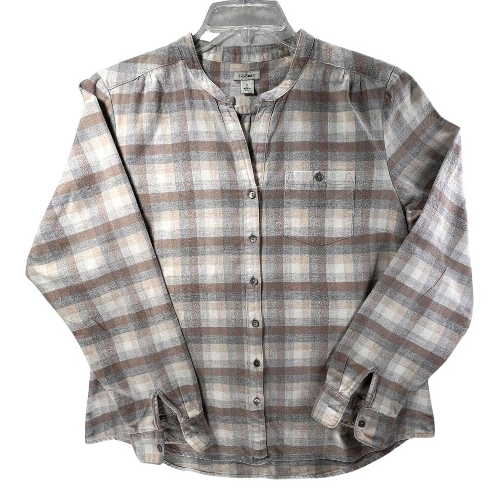 LL Bean Womens Small Plaid Flannel Button Up Shirt Band Collar Soft Beige Brown